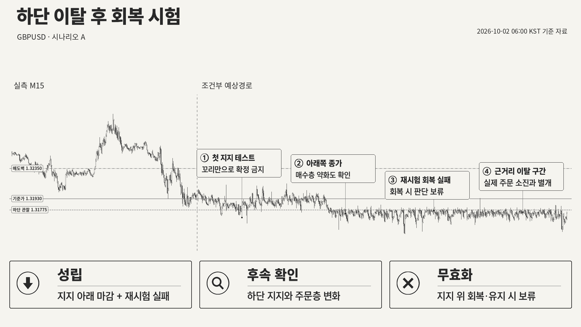GBPUSD 실측 M15와 조건부 예상경로를 점선으로 구분한 가상 시나리오. 이후 실제 가격·체결·수익률이 아님.